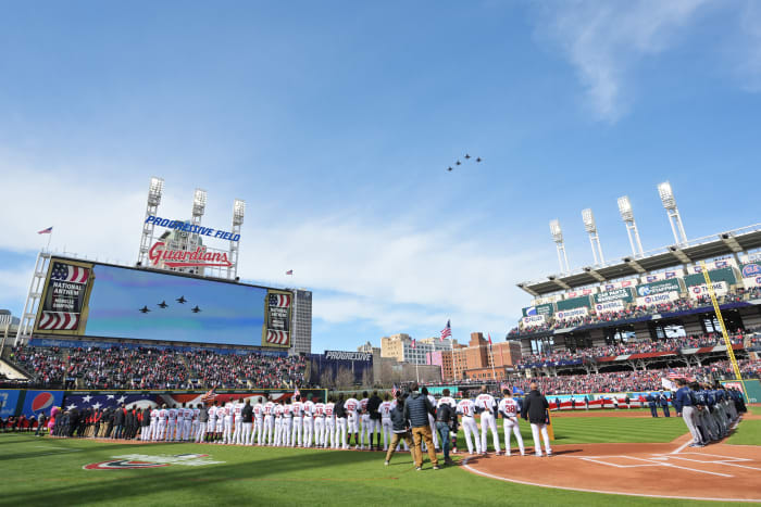 Apr 7, 2023; Cleveland, Ohio, USA; F-14 fighter jets fly over Progressive Field during the national anthem before the game between the Cleveland Guardians and the Seattle Mariners. Mandatory Credit: Ken Blaze-USA TODAY Sports